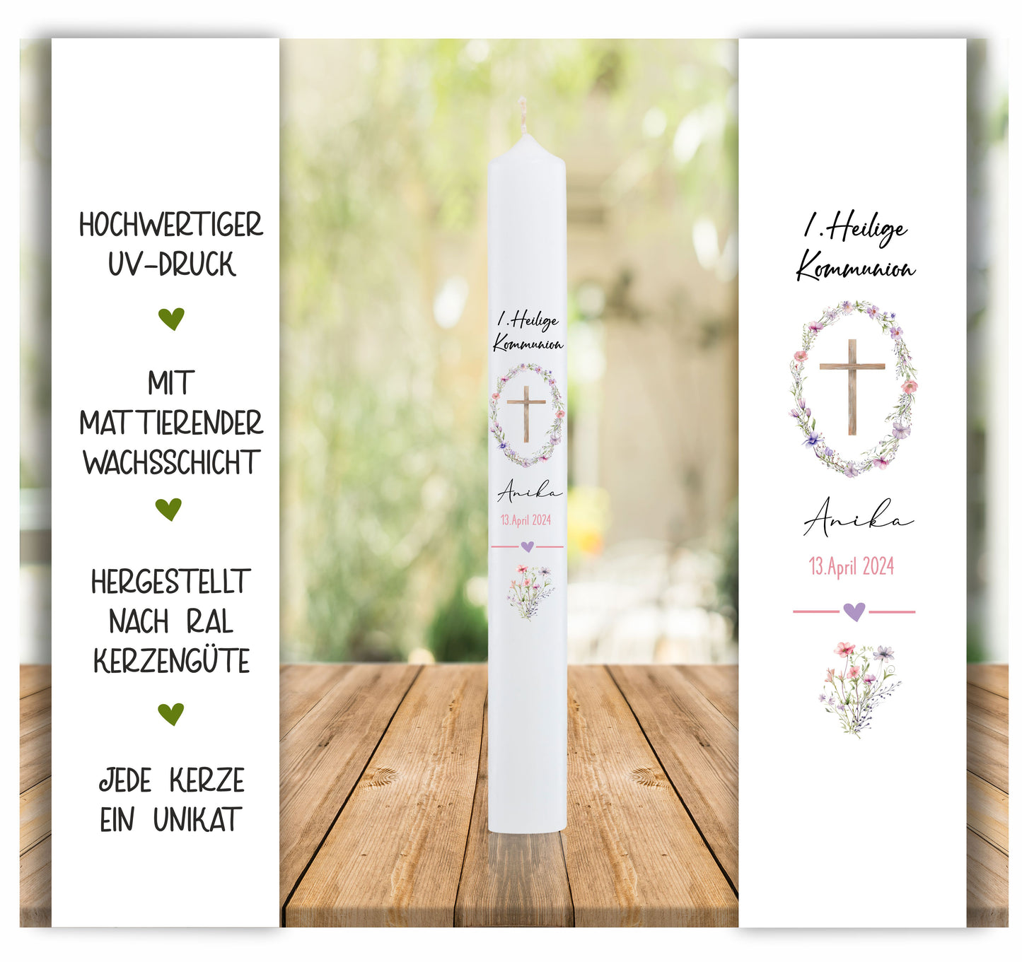 Kommunionkerze mit Kreuz - Blumenkranz und Name