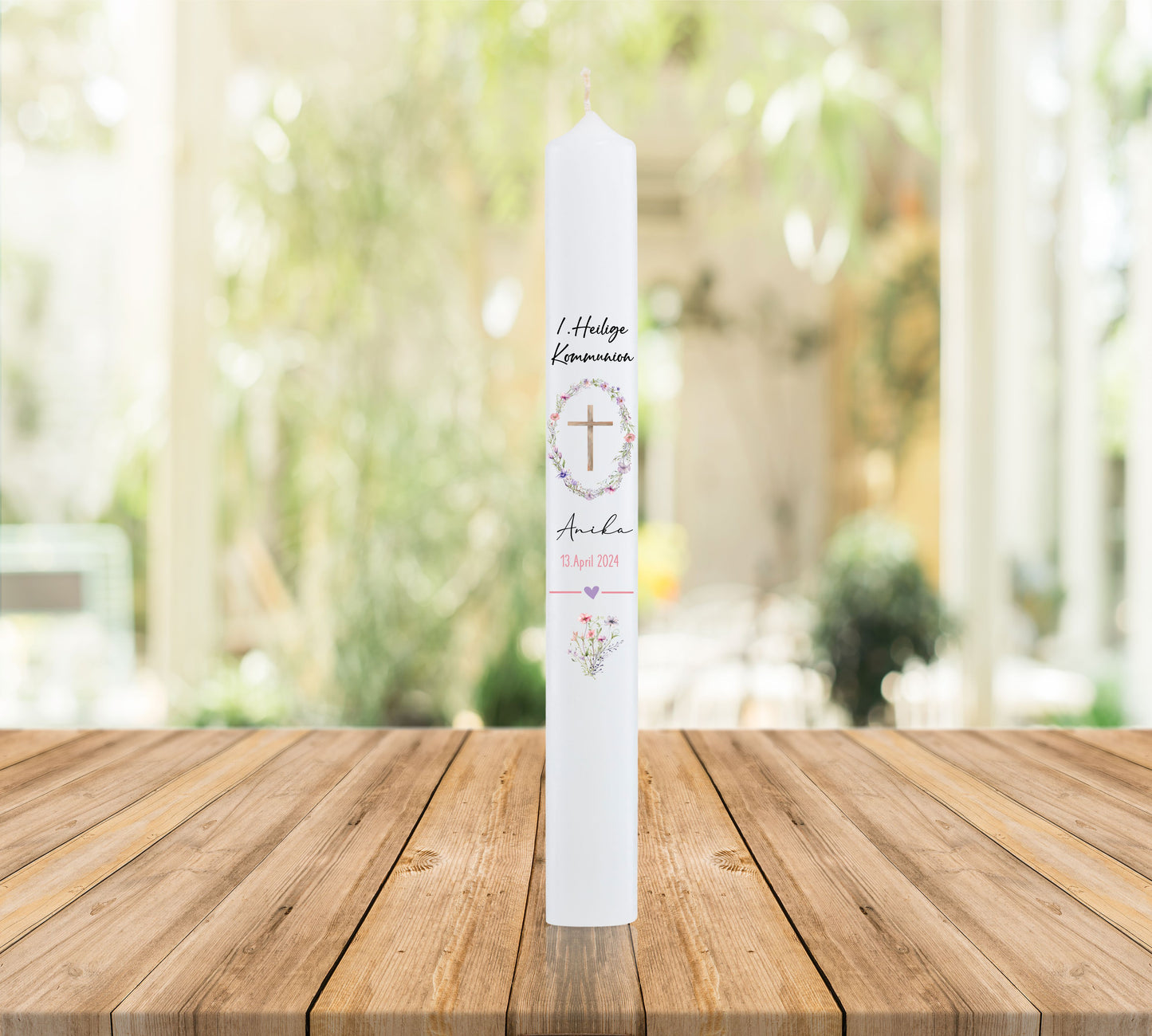 Kommunionkerze mit Kreuz - Blumenkranz und Name