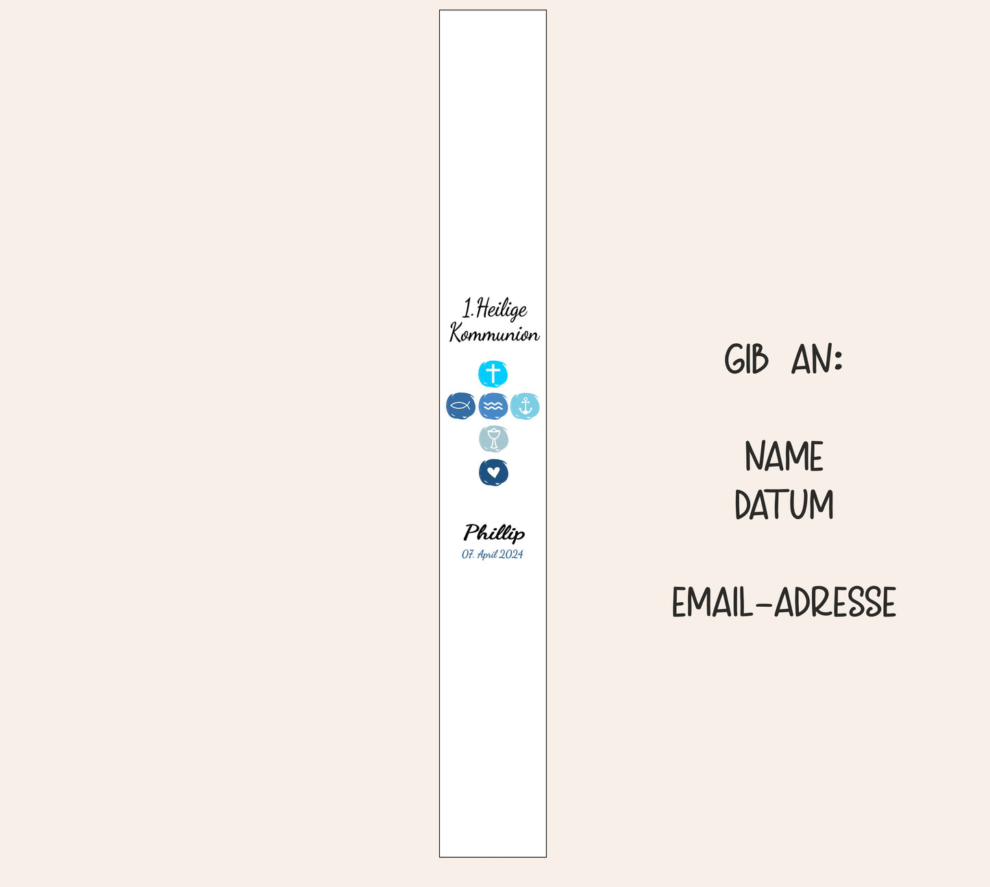 Kommunionkerze mit Kreuz und Name