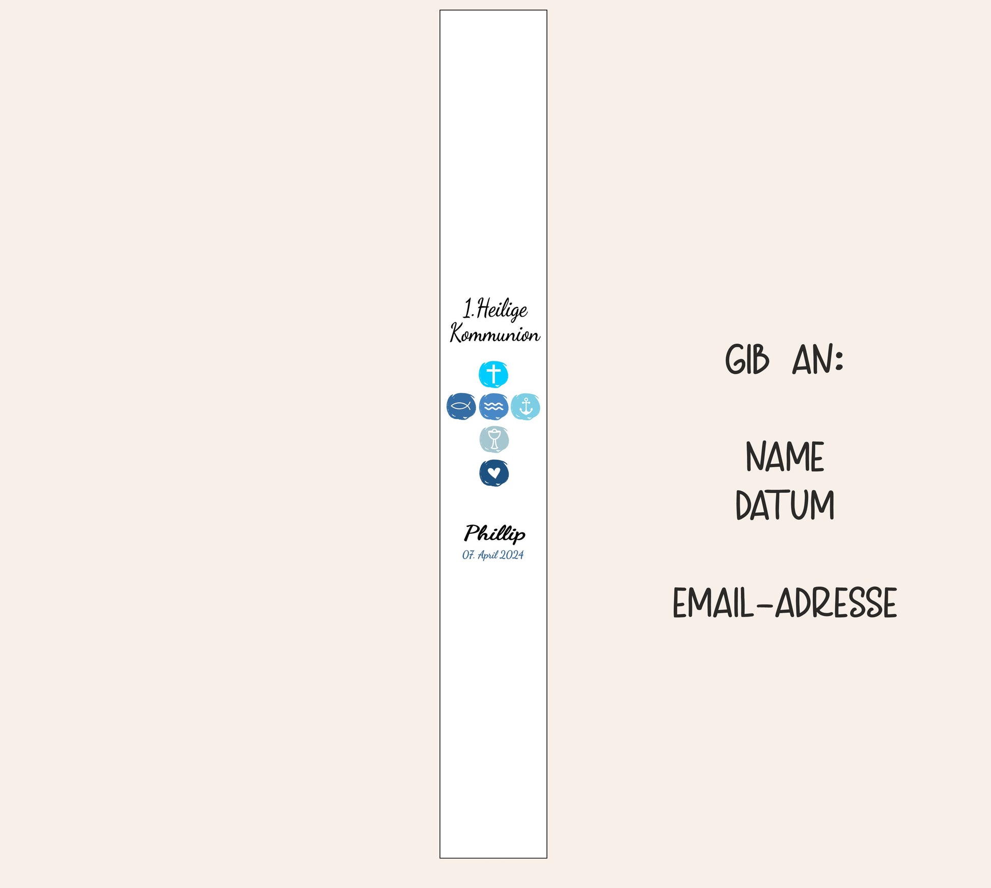 Kommunionkerze mit Kreuz und Name