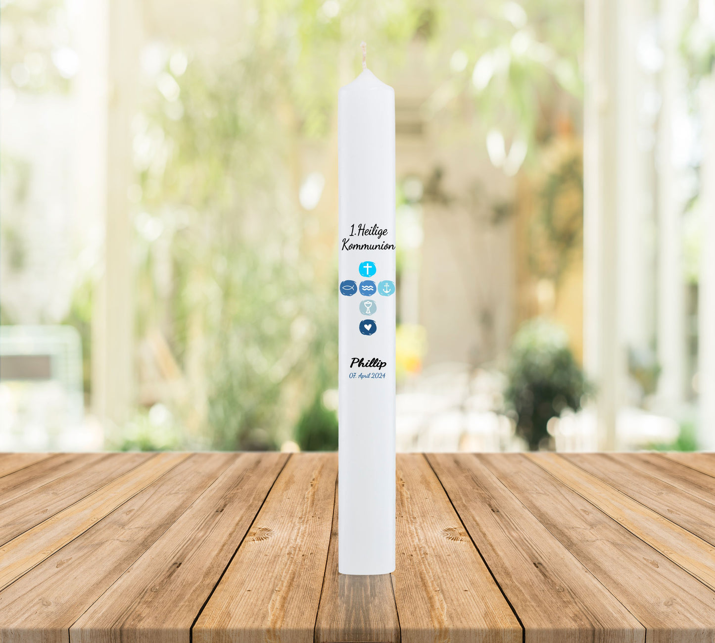 Kommunionkerze mit Kreuz und Name