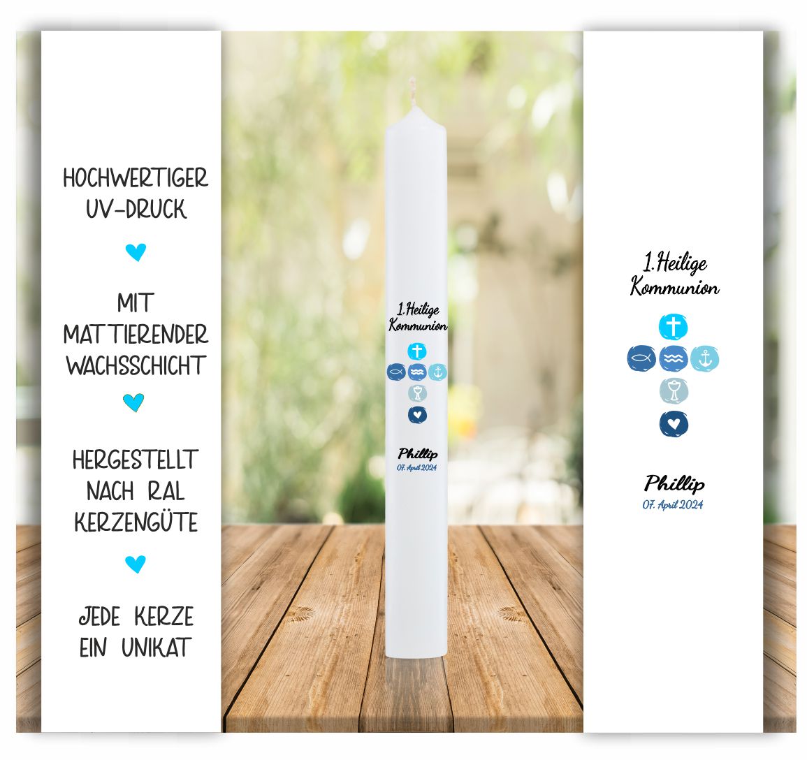 Kommunionkerze mit Kreuz und Name
