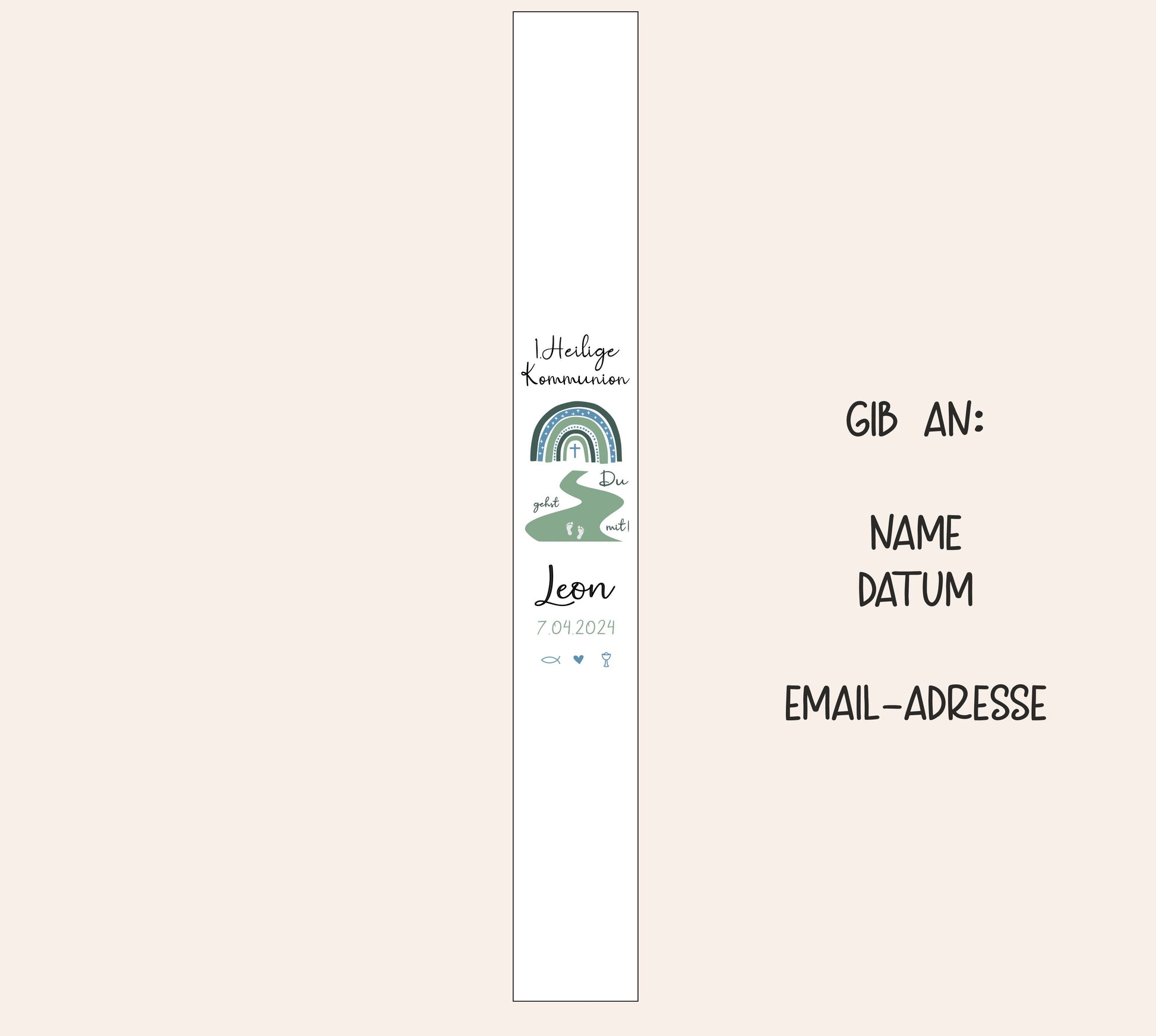 Kommunionkerze mit grünem Regenbogen und Name