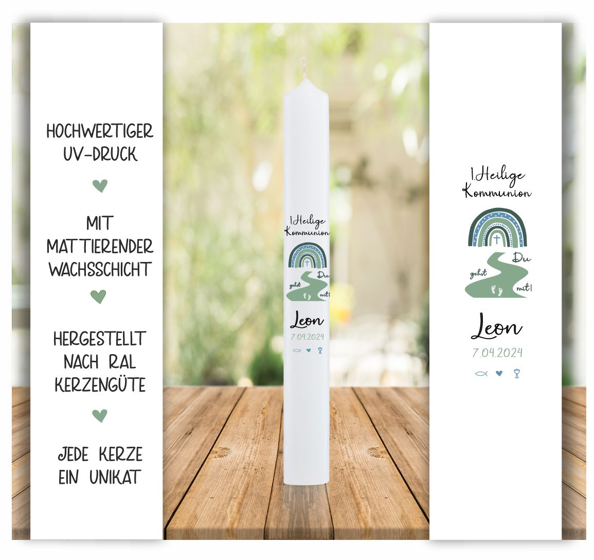 Kommunionkerze mit grünem Regenbogen und Name