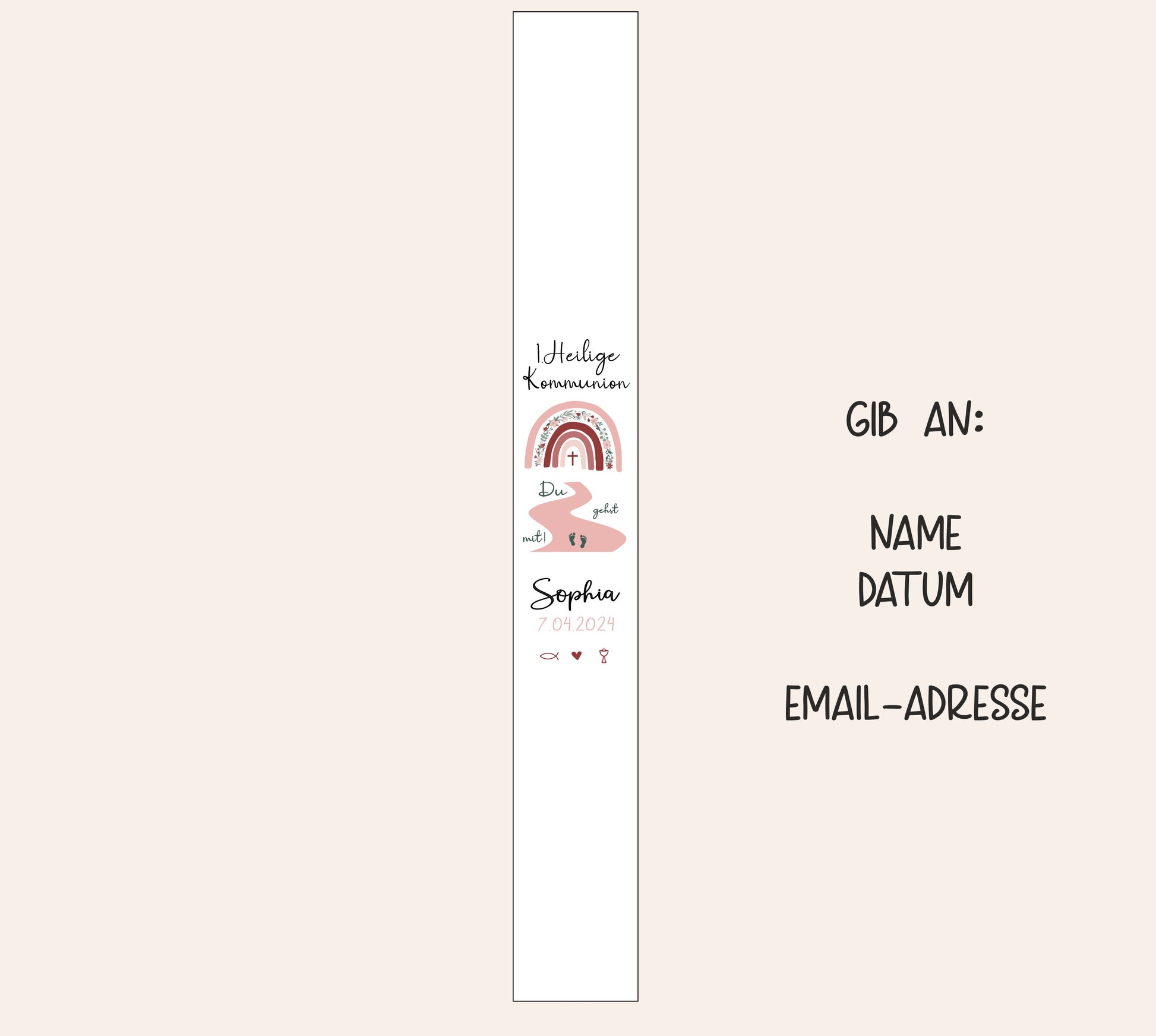 Kommunionkerze mit Regenbogen und Name