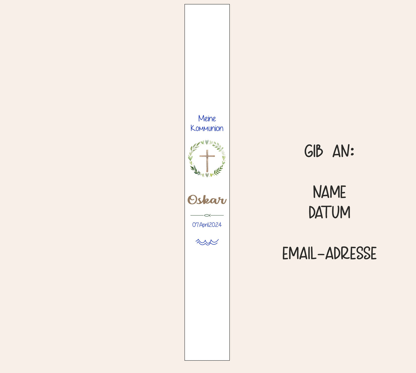 Kommunionkerze - Blätterkranz mit Kreuz und Namen