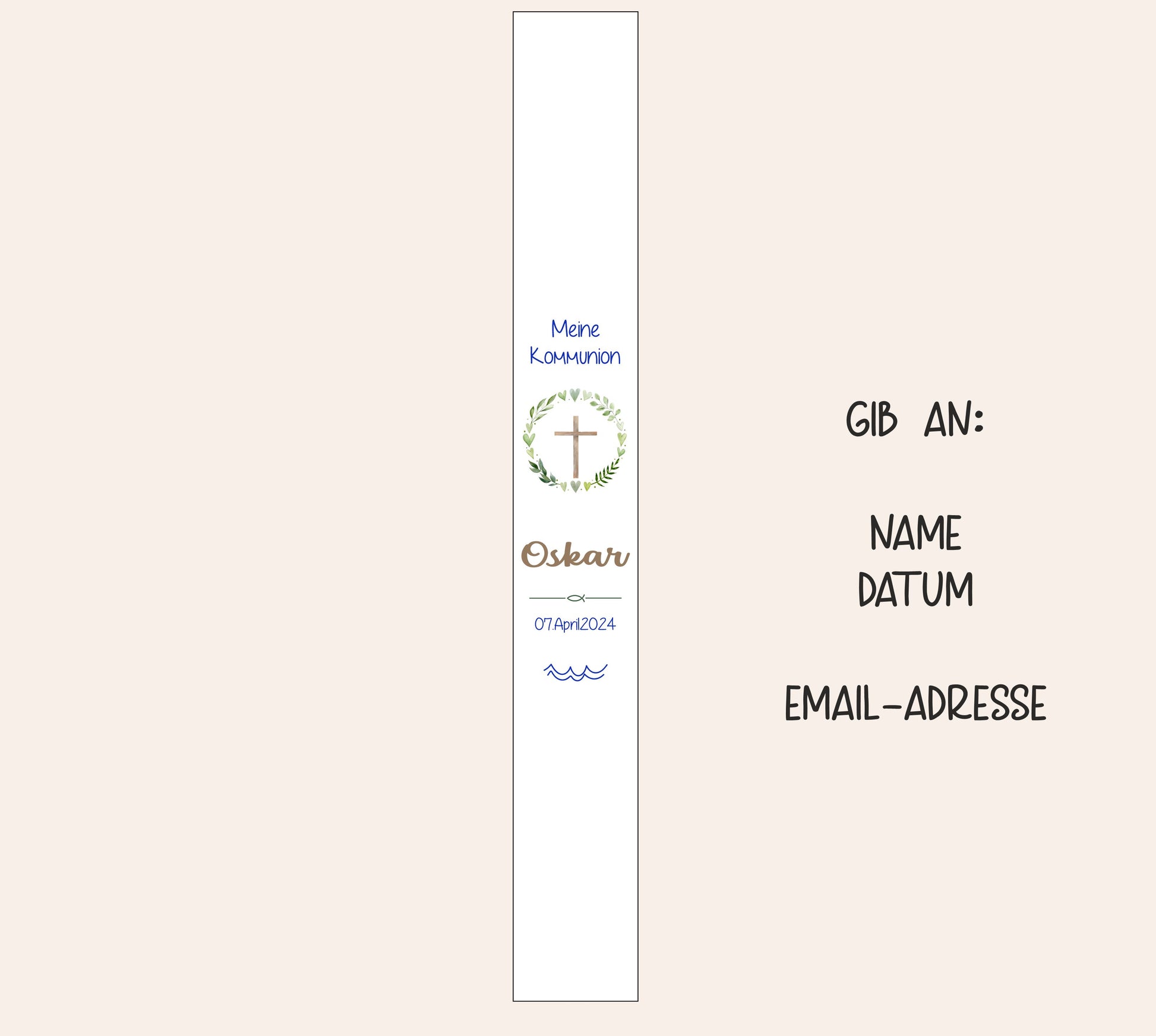 Kommunionkerze - Blätterkranz mit Kreuz und Namen