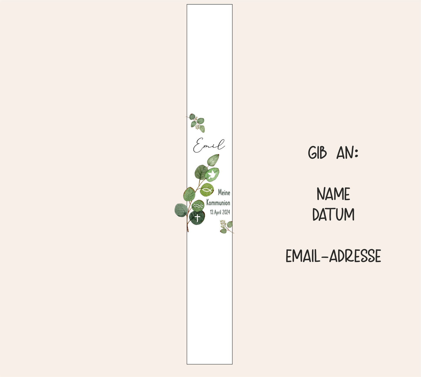 Kommunionkerze mit grünen Blättern und Name