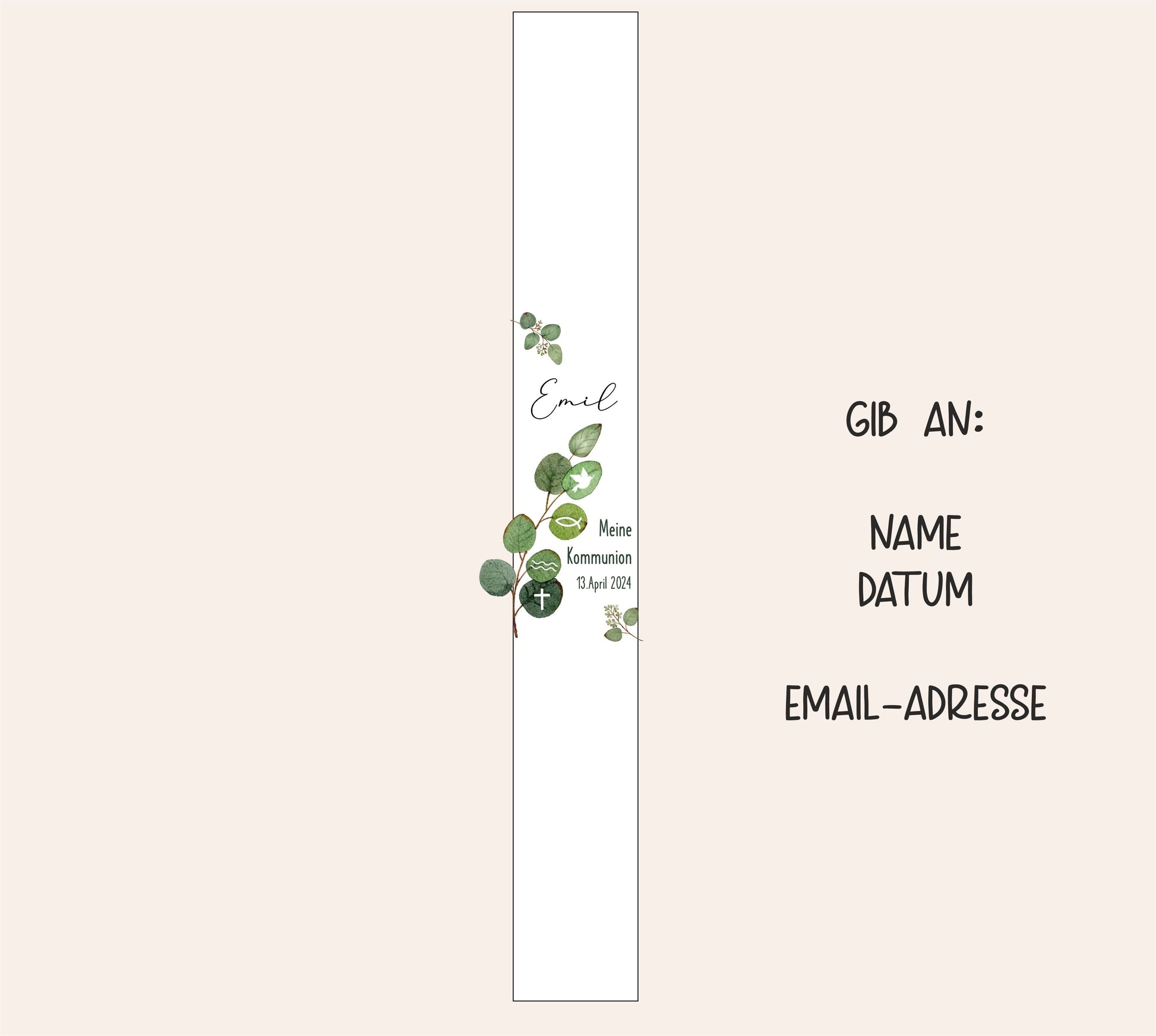 Kommunionkerze mit grünen Blättern und Name