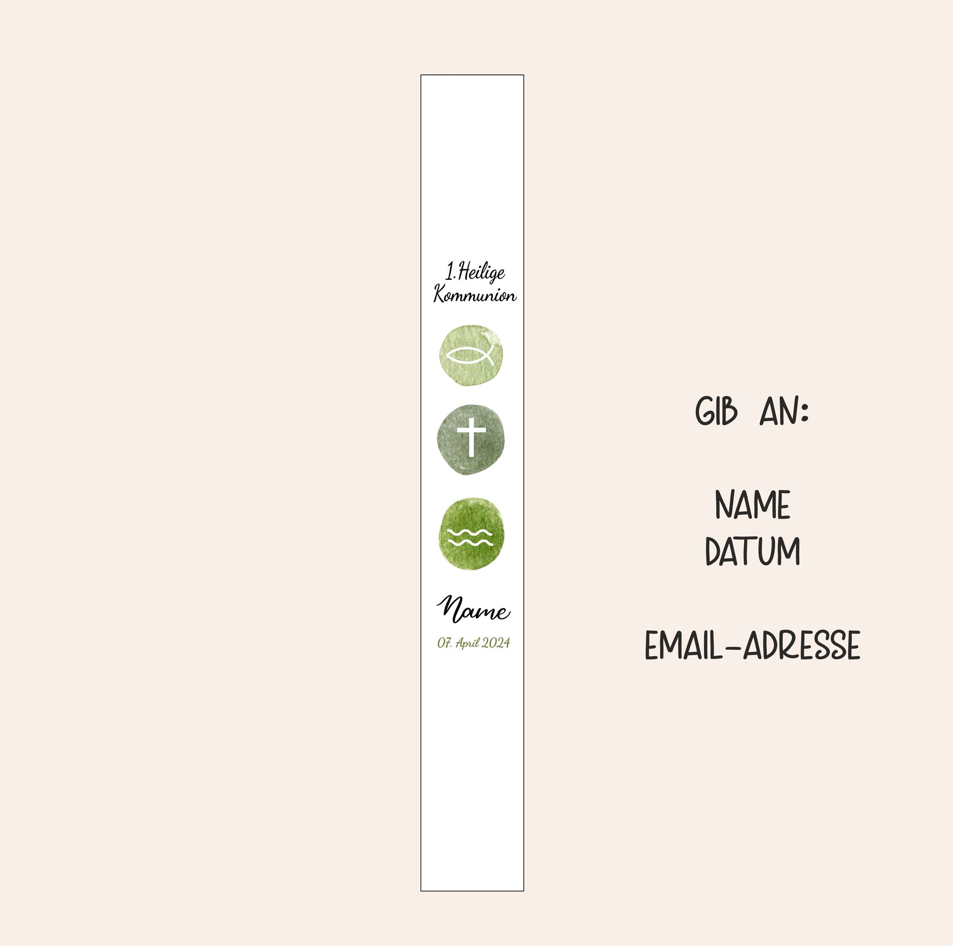 Kommunionkerze mit Kreuz - Fisch - Wasser und Name