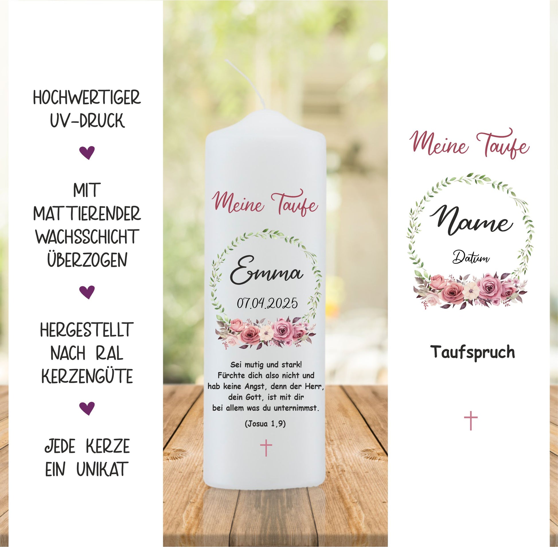 Taufkerze mit Blumenkranz und Namen
