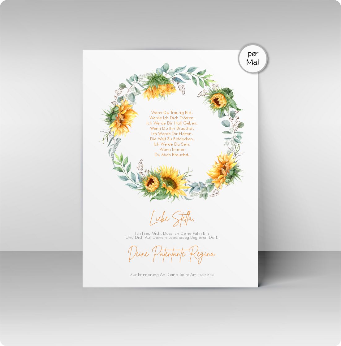 Patenbrief mit Sonnenblumen Kranz