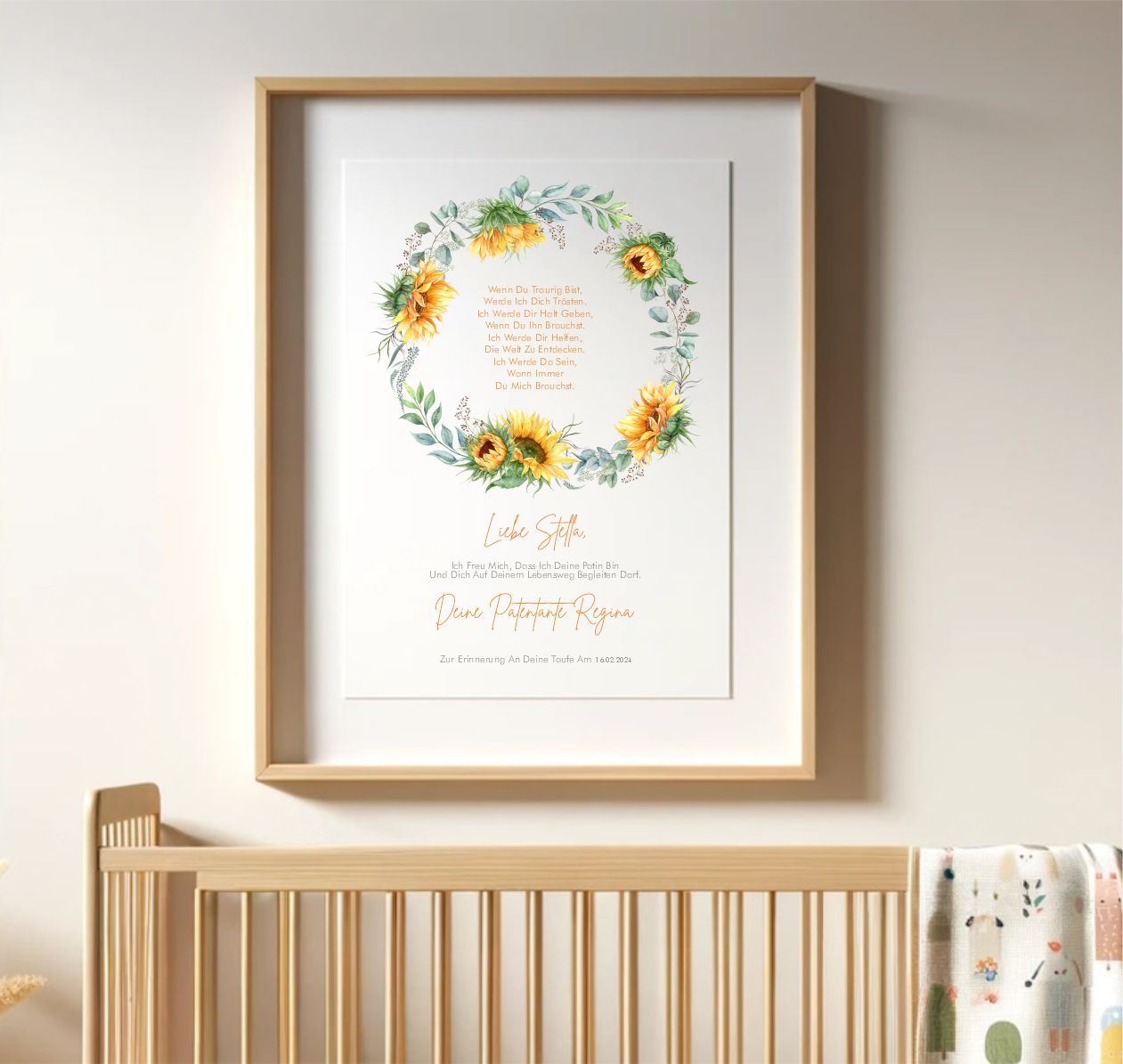 Patenbrief mit Sonnenblumen Kranz