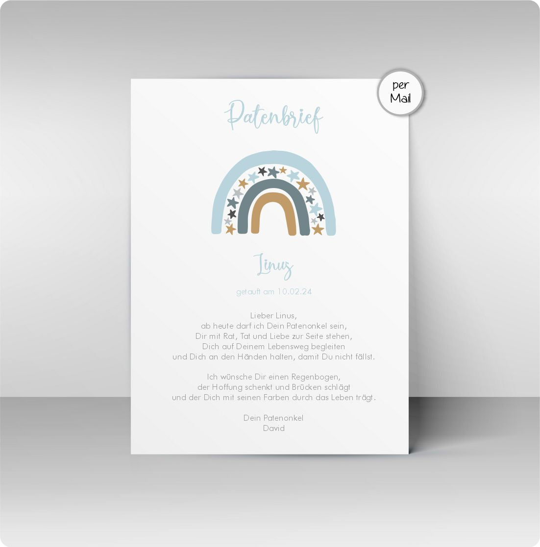 Patenbrief mit blauem Regenbogen - Leinwand