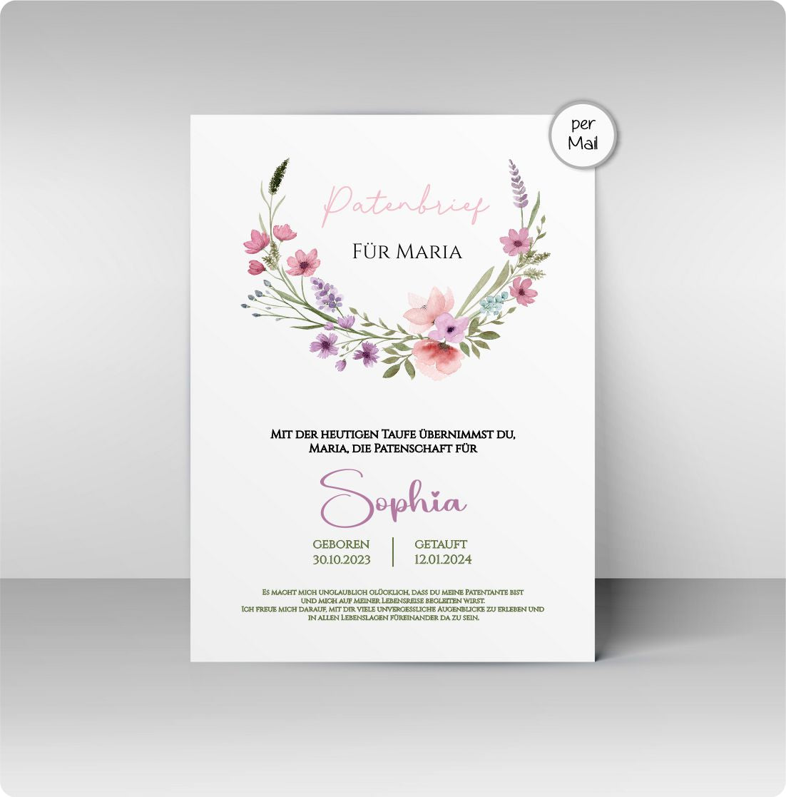 Patenbrief - Blumenkranz, name, Datum
