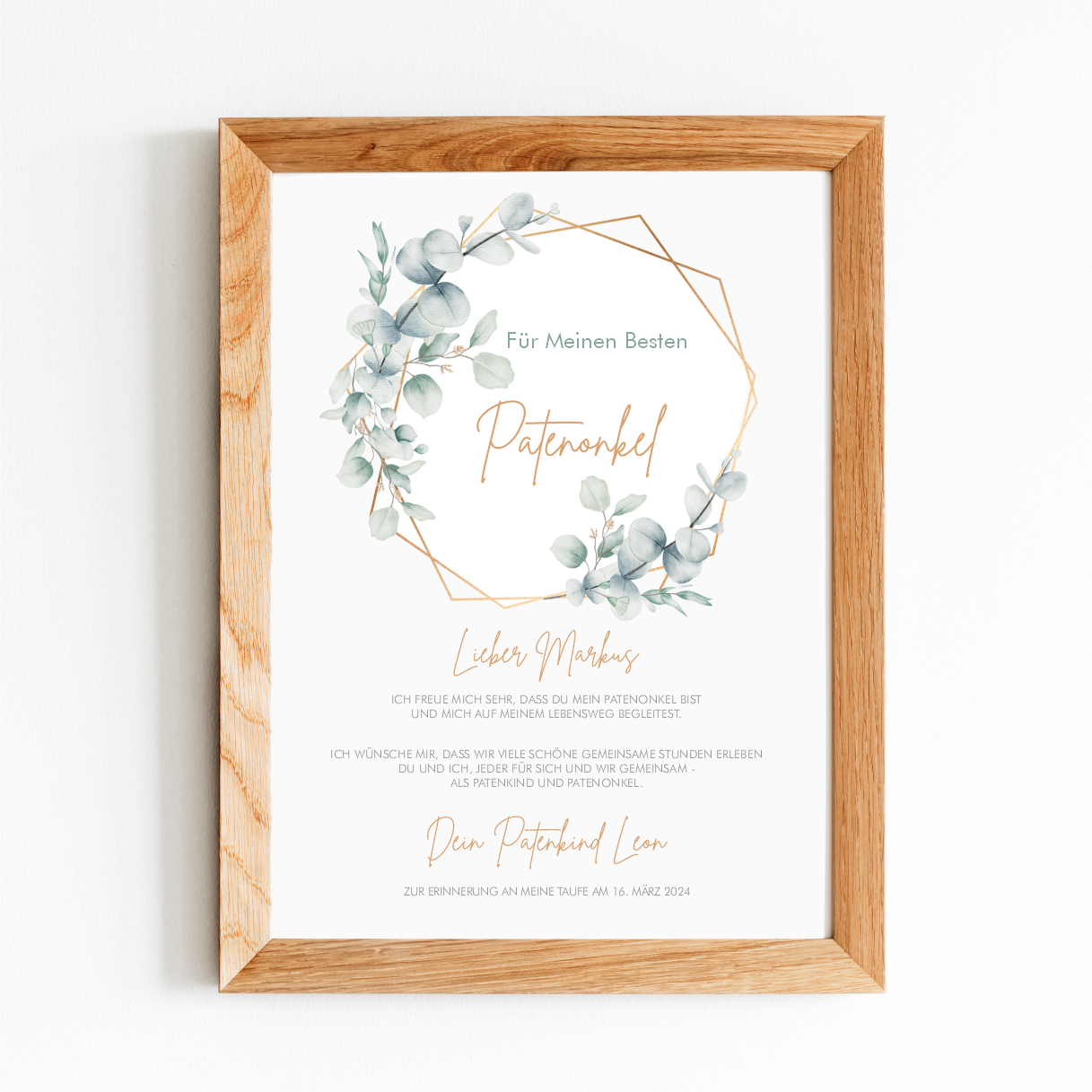 Patenbrief - Eukalyptus mit Name und Text