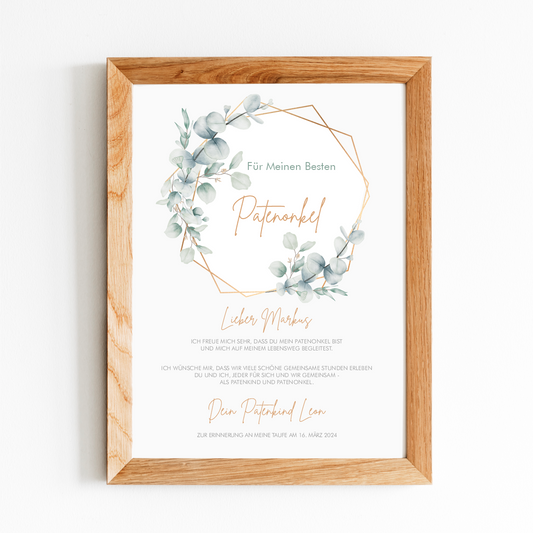 Patenbrief - Eukalyptus mit Name und Text
