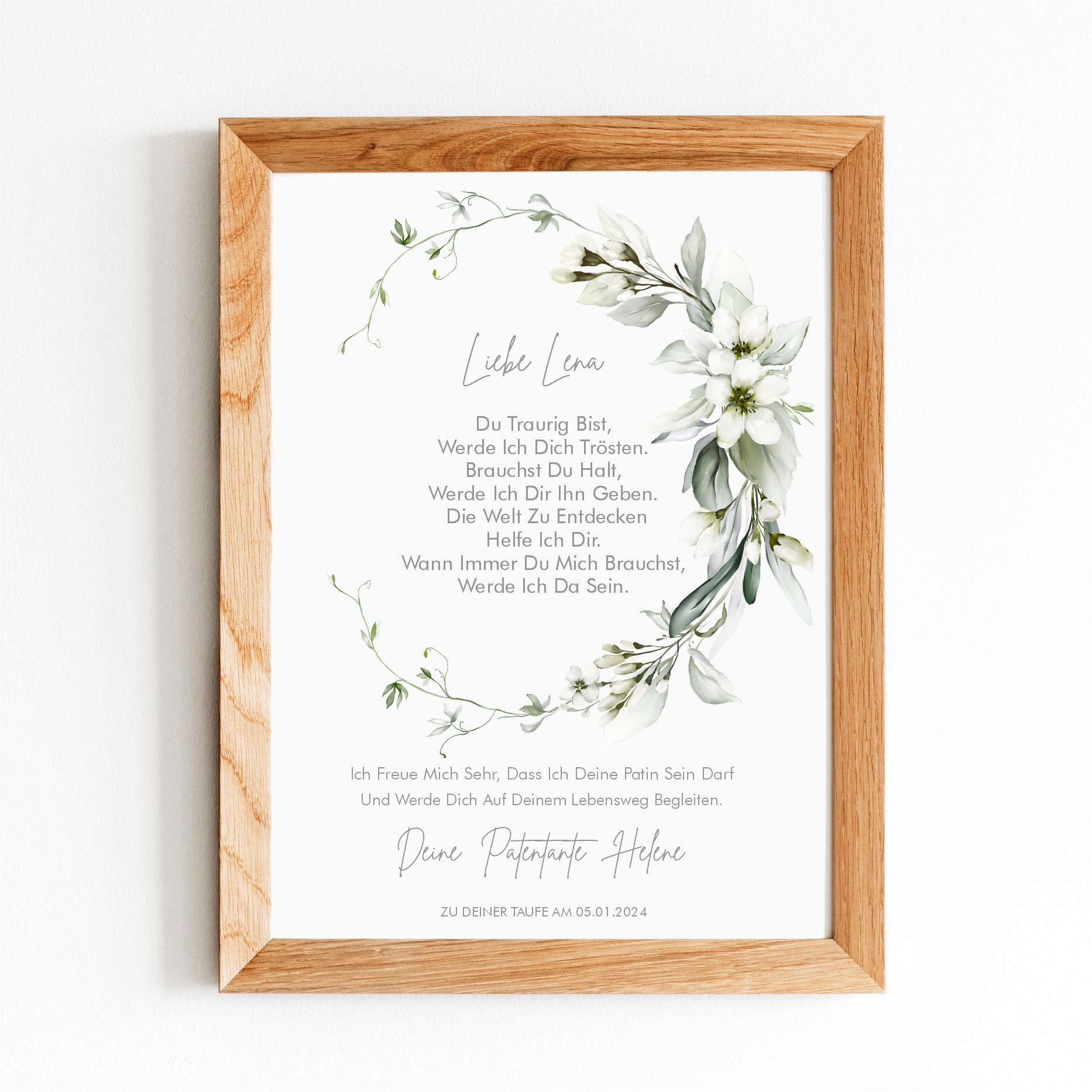 Patenbrief - weiße Blumen - Name und Text