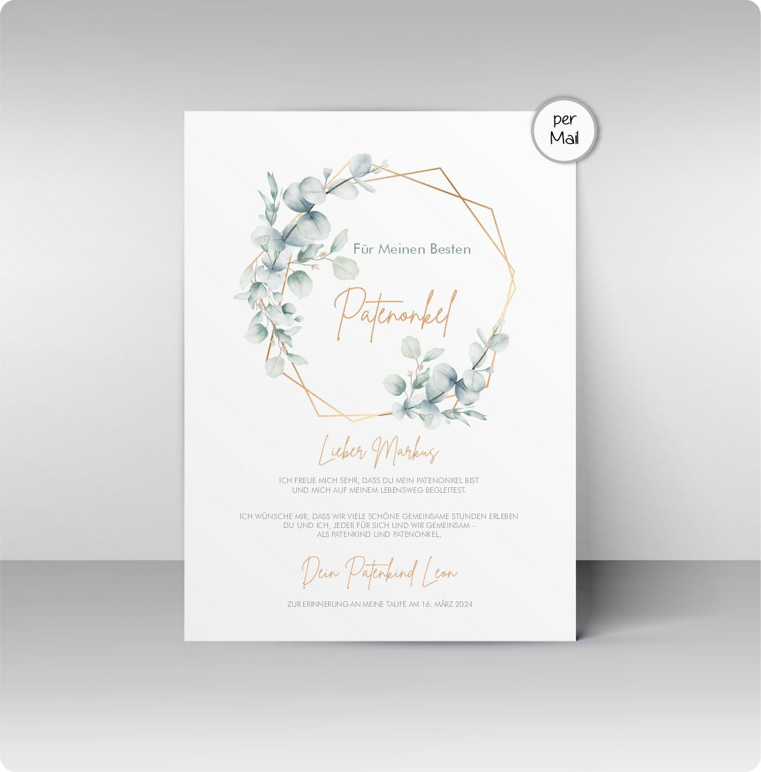 Patenbrief - Eukalyptus mit Name und Text
