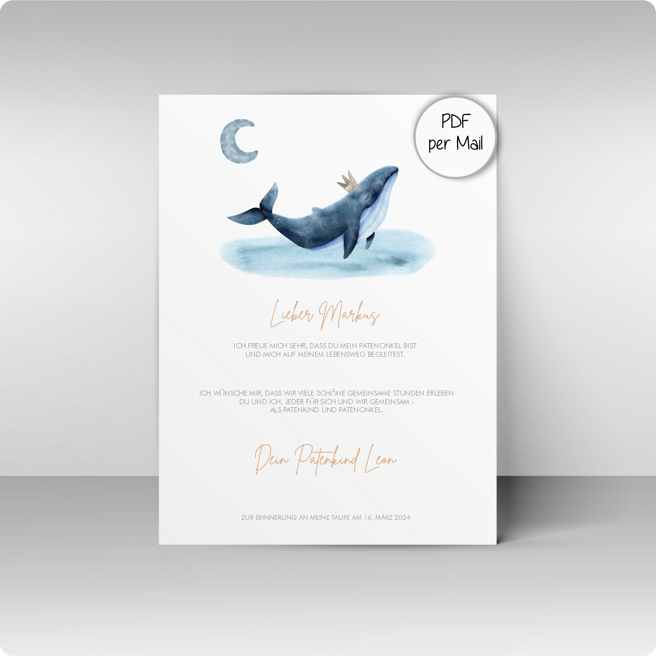 Patenbrief - blauer Wal - Namen und Text