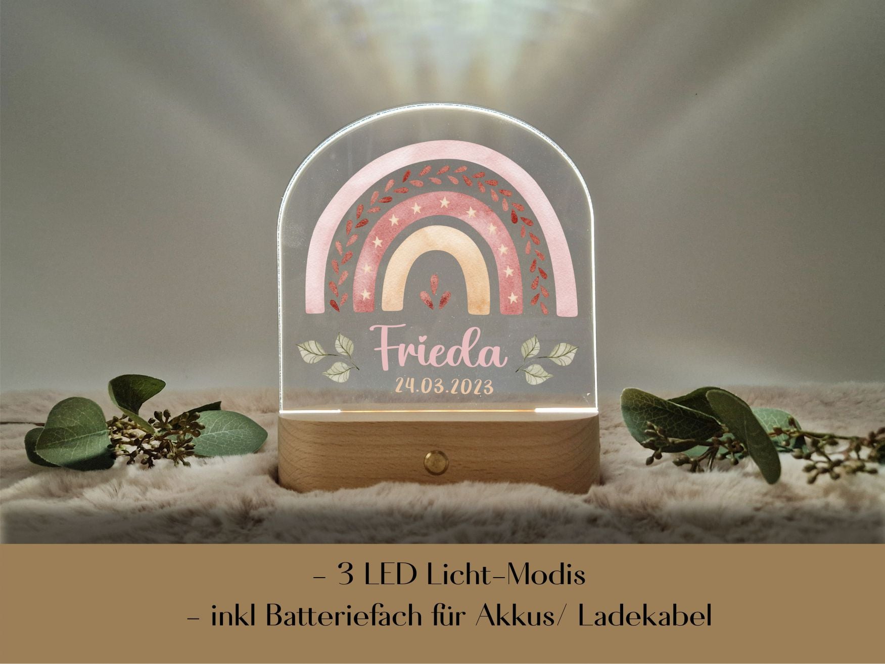 LED Lichtsockel - Rosa Regenbogen mit Name und Datum
