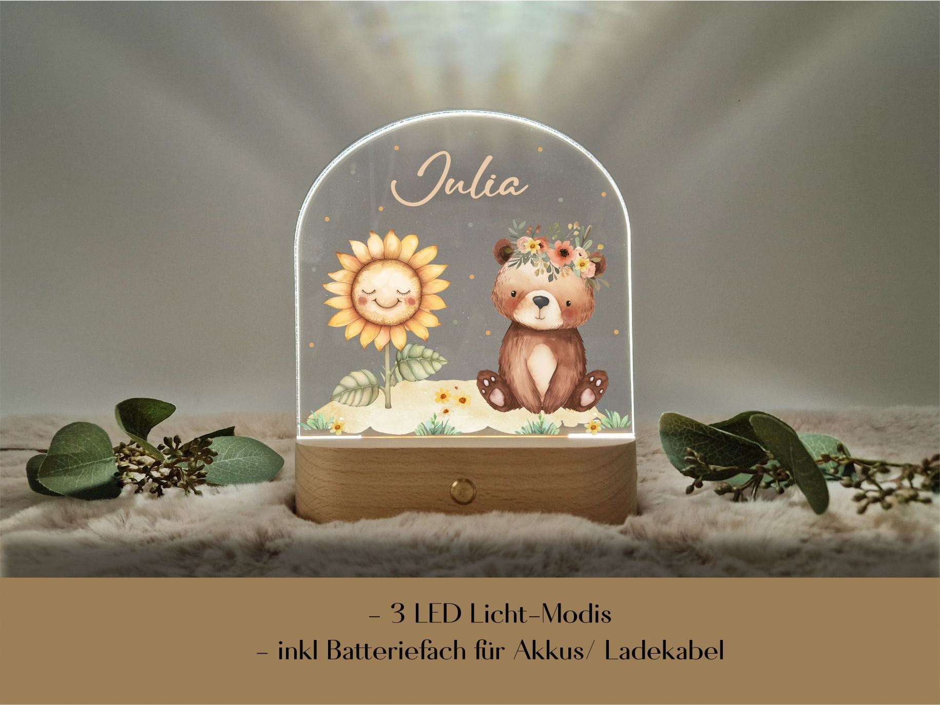 LED Nachtlicht - Bärchen mit Sonnenblume und Name