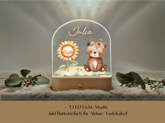 LED Nachtlicht - Bärchen mit Sonnenblume und Name