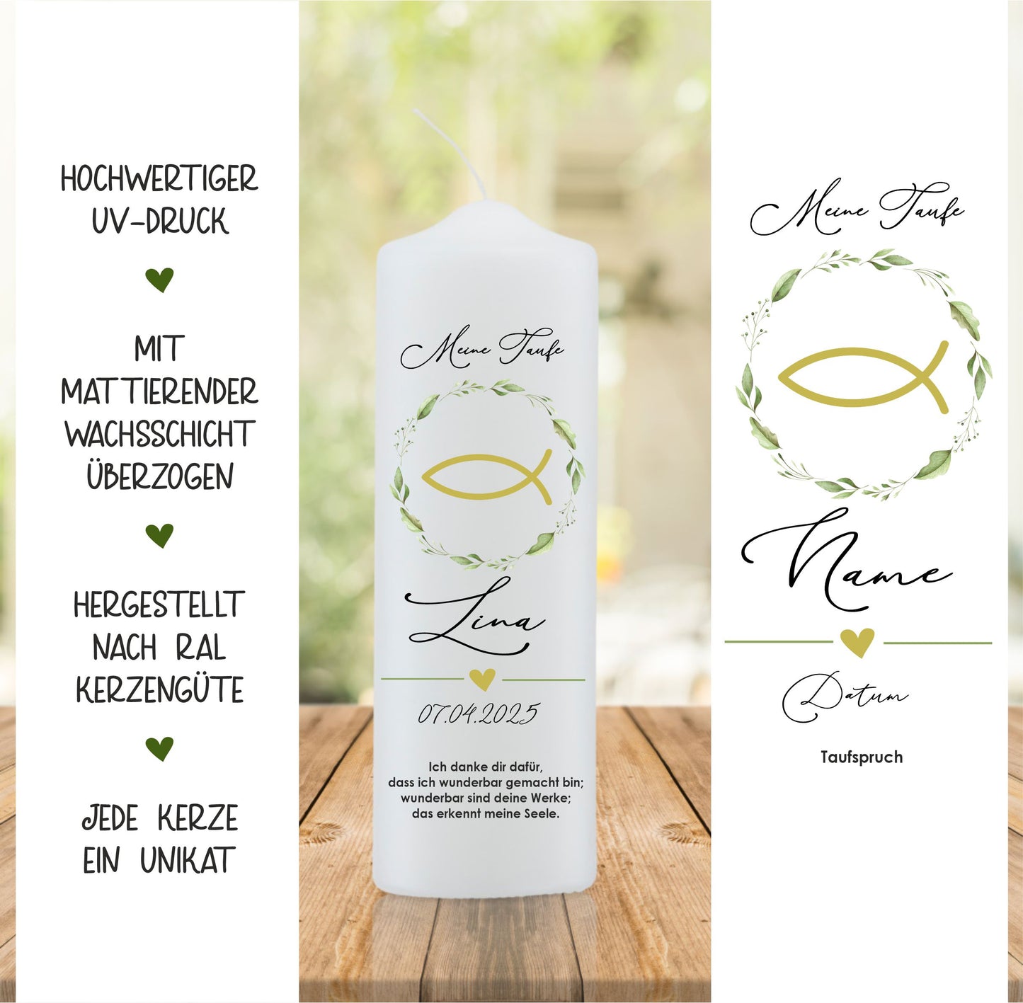 Taufkerze mit Blätterkreis und Fisch