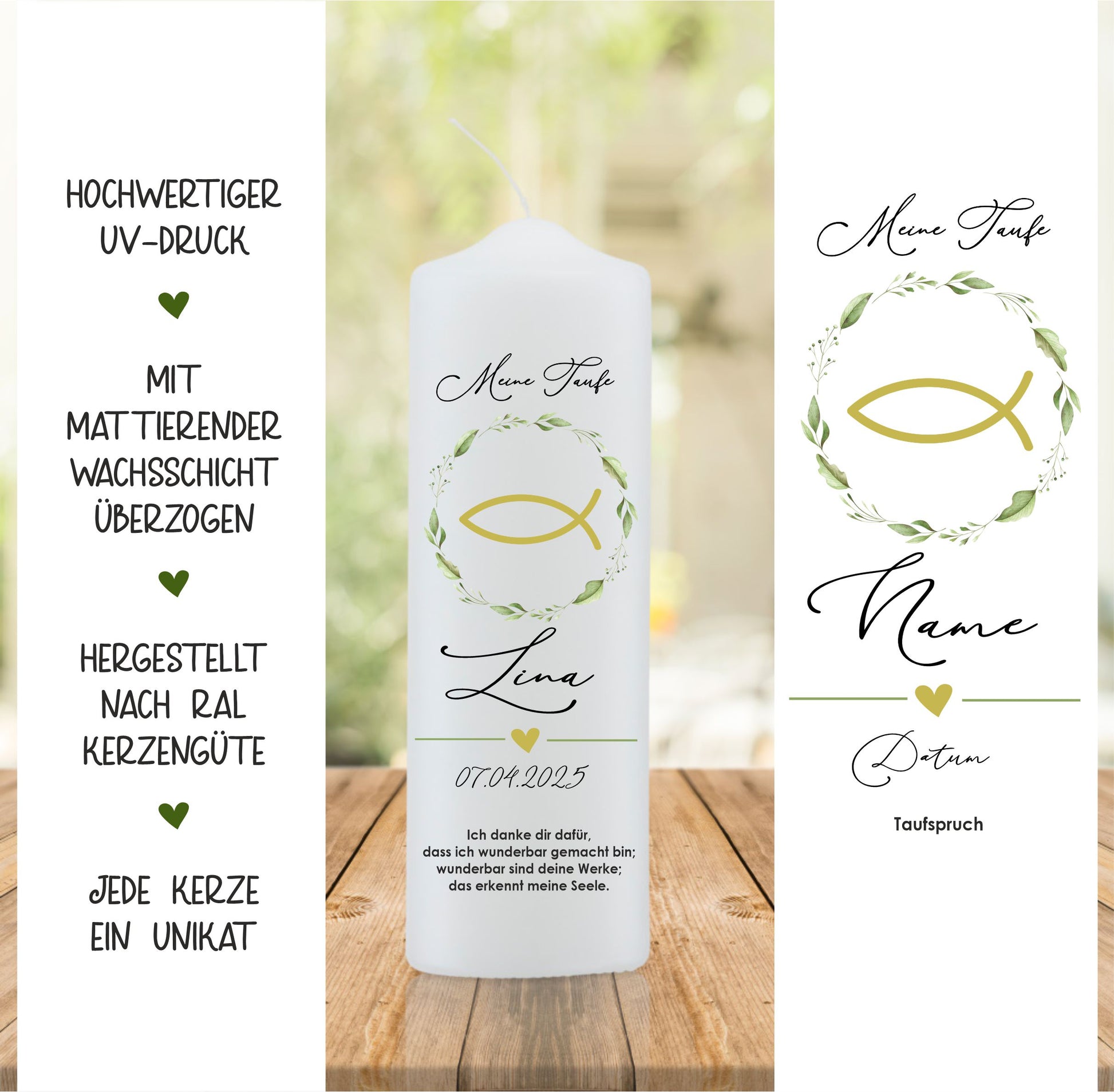Taufkerze mit Blätterkreis und Fisch