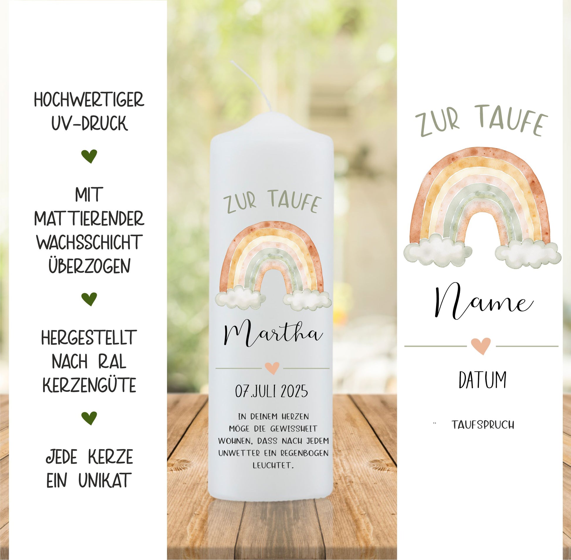 Taufkerze mit buntem Regenbogen und Namen