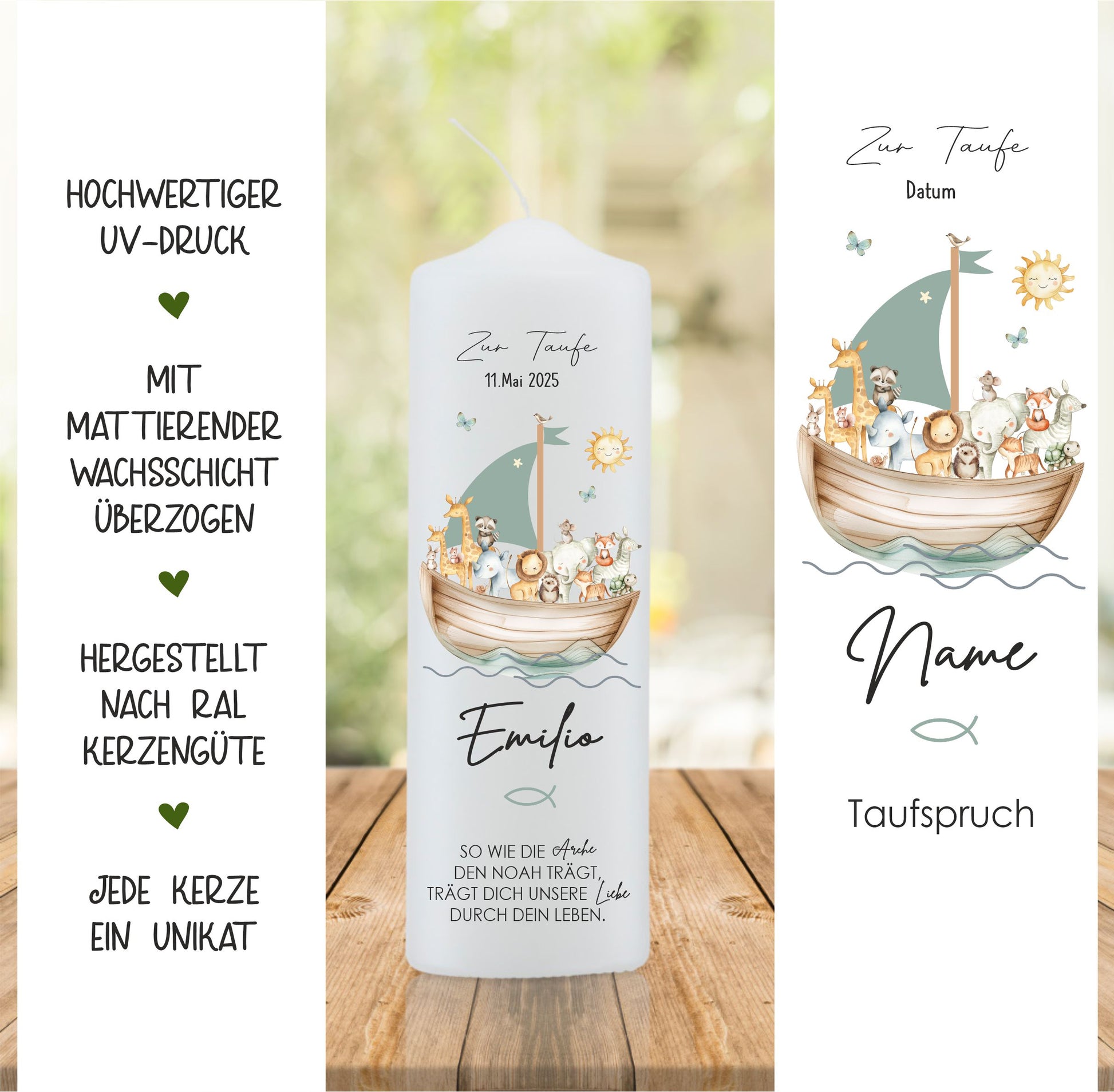 Taufkerze mit Boot und Tieren