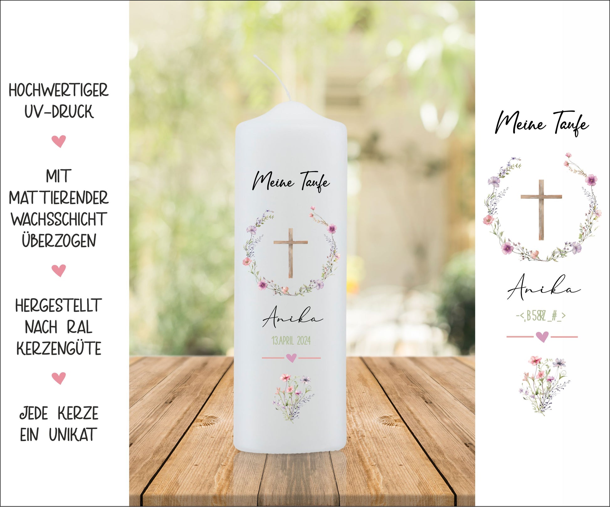 Taufkerze - Blumenkranz und Kreuz