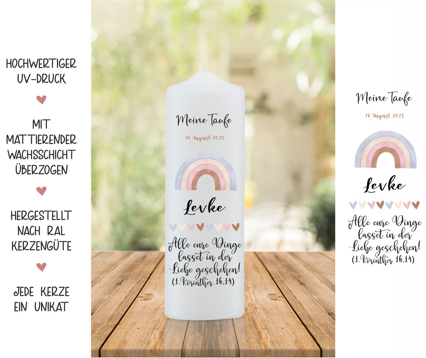 Taufkerze - Regenbogen, Name und Text