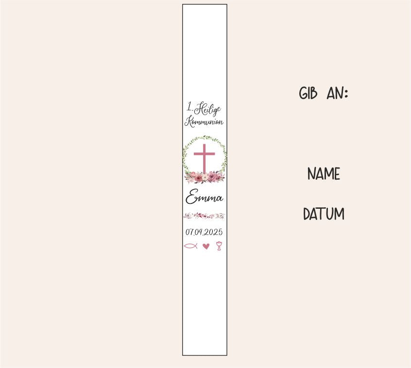 Kommunionkerze - rosa Kreuz -  Blumenkranz