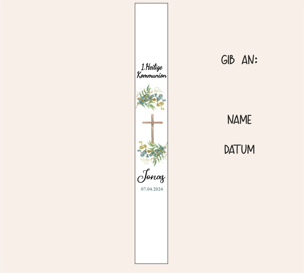 Kommunionkerze - Kreuz - Blumenmotive