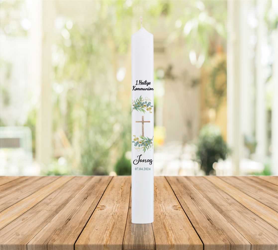 Kommunionkerze - Kreuz - Blumenmotive