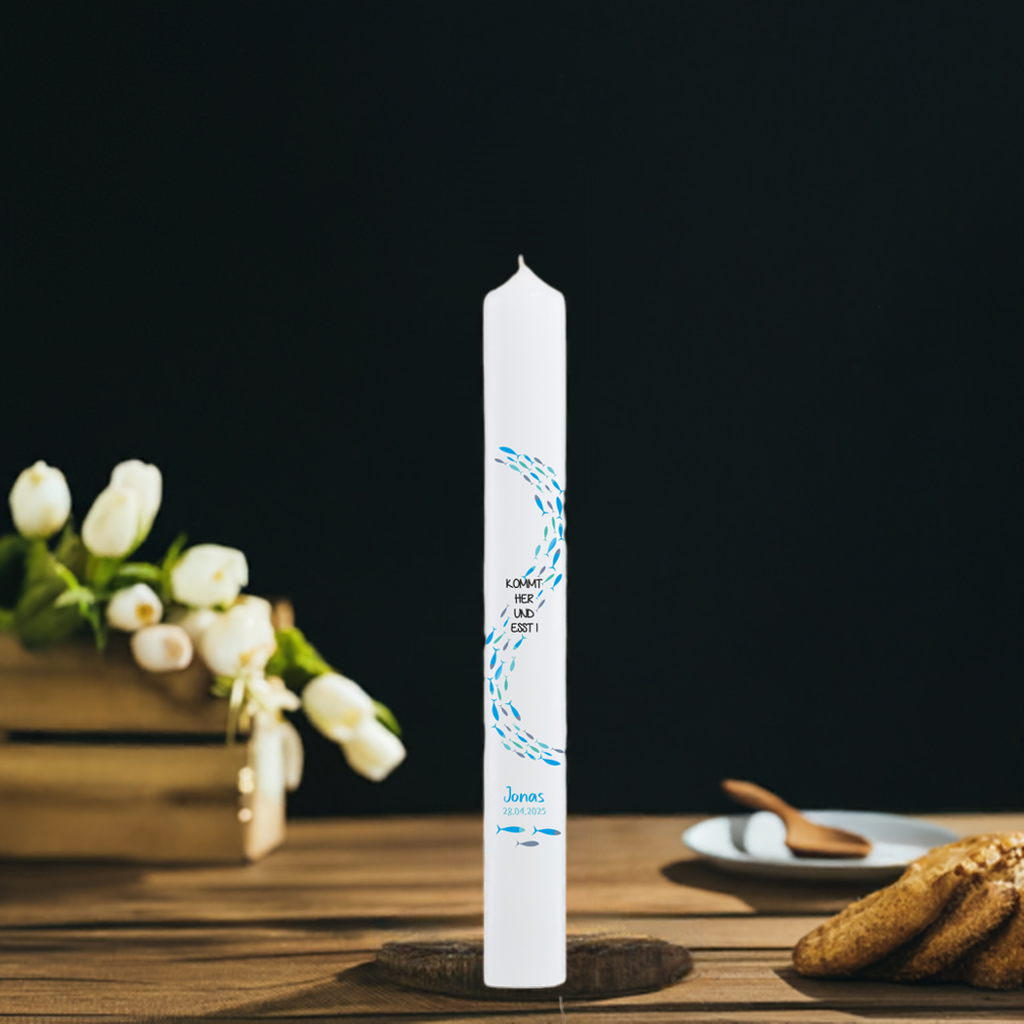 Kommunionkerze - Fische und Text