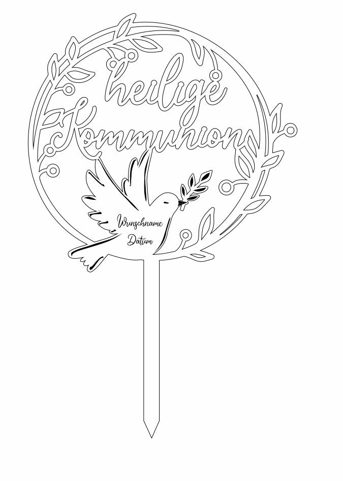 Caketopper - zur Kommunion mit Taube aus Holz im Blätterkranz