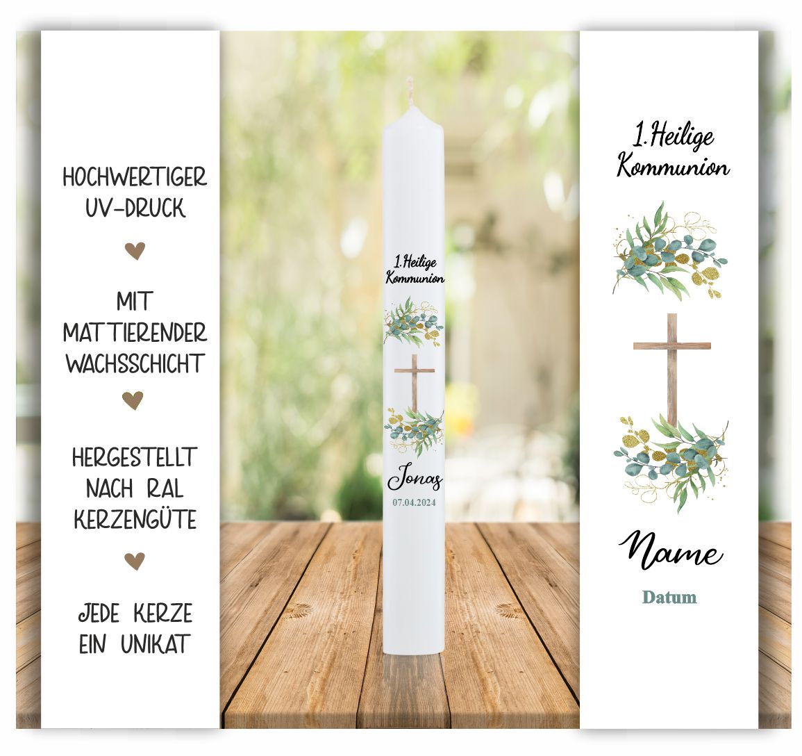 Kommunionkerze - Kreuz - Blumenmotive