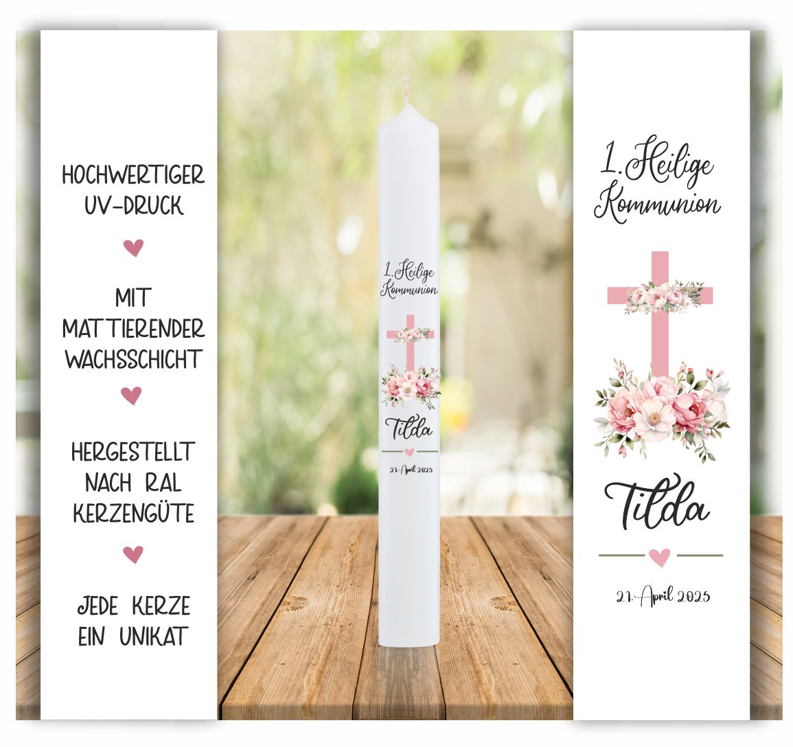 Kommunionkerze - rosa Kreuz - Blumenkranz