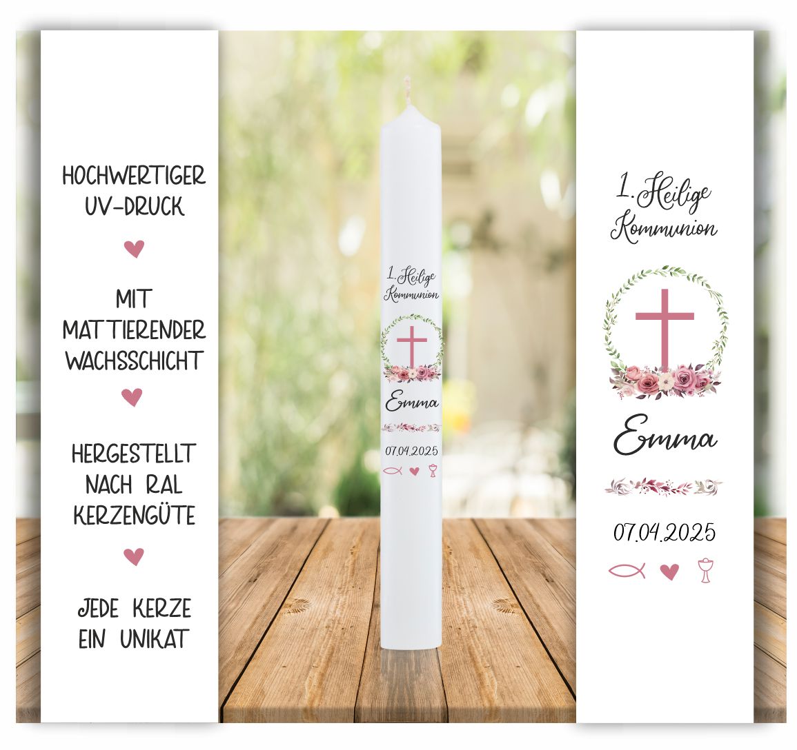 Kommunionkerze - rosa Kreuz -  Blumenkranz