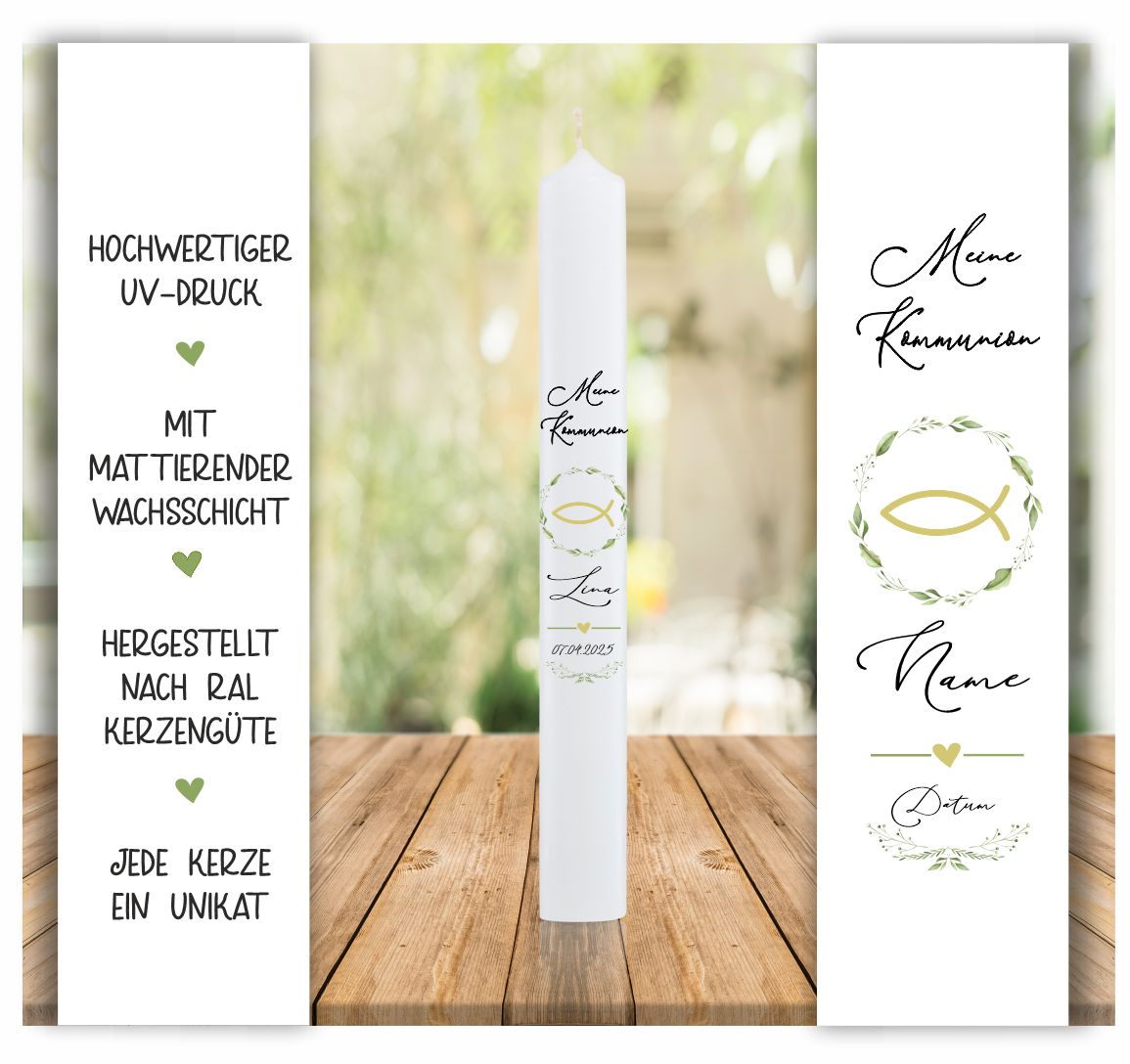 Kommunionkerze - grüner Fisch - Blumenkranz