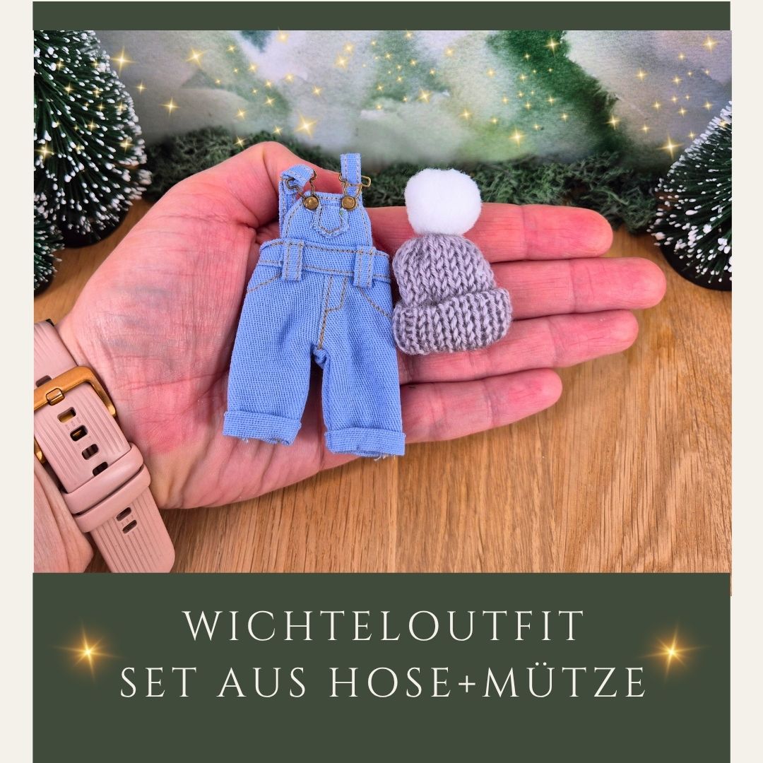 Wichtel-Outfit – Latzhose &amp; Mütze in blau/ grau