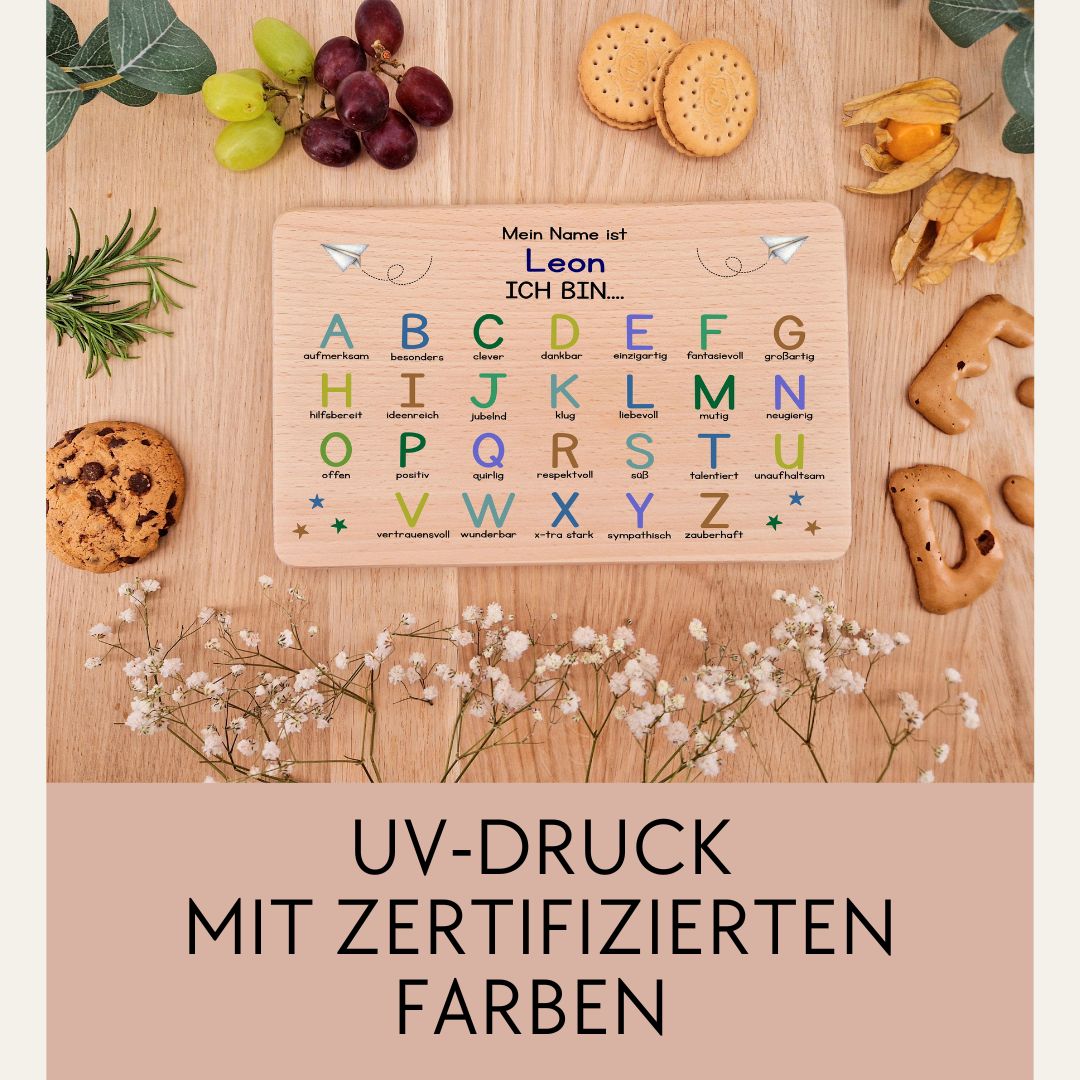 Buchenholz-Frühstücksbrettchen für Kinder Alphabet Motivation