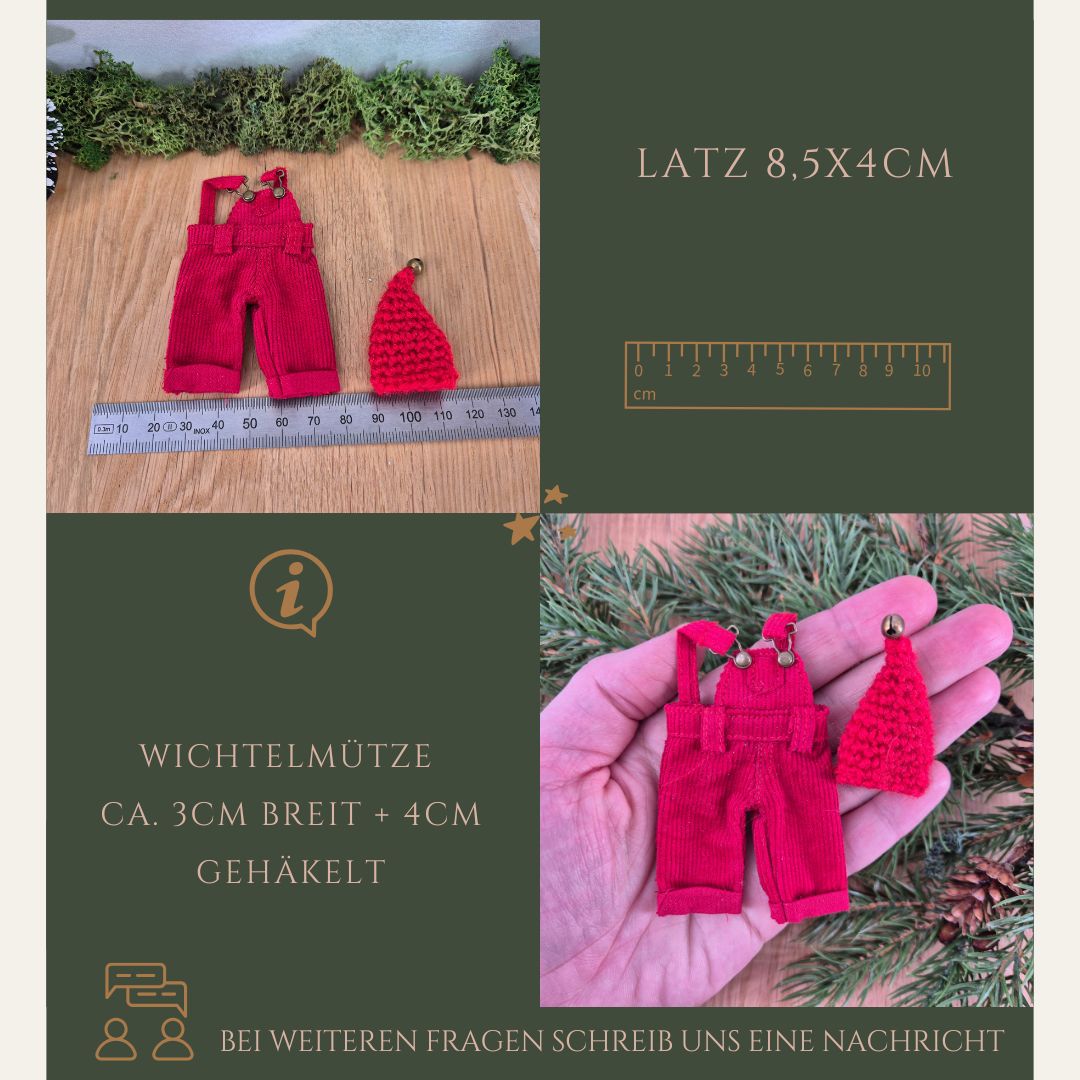 Rotes Wichteloutfit Latzhose und gehäkelte Mütze