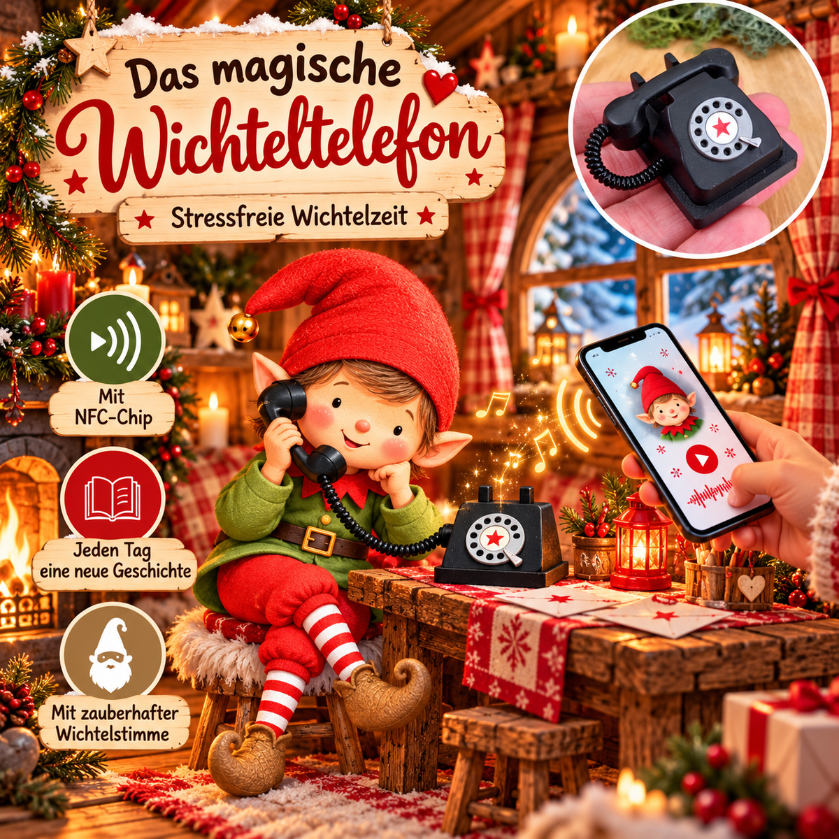 Wichteltelefon mit NFC – 24 tägliche Wichtelgeschichten vom 1.–24. Dezember
