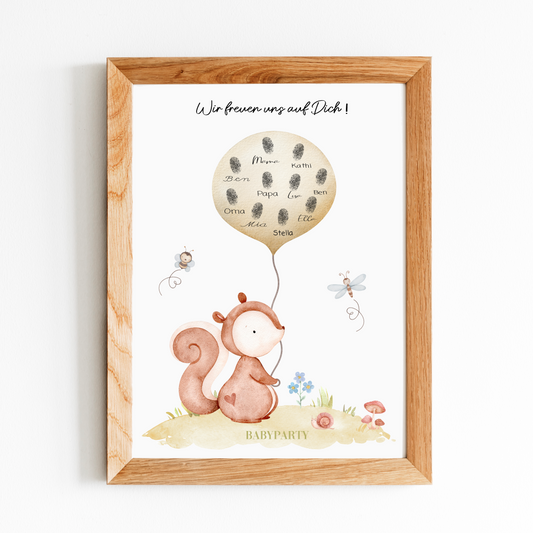 Fingerprint Gästebuch Babyparty - Motiv Eichhörnchen mit Ballon
