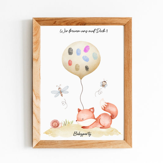 Fingerprint Gästebuch Babyparty - Motiv Fuchs mit Ballon