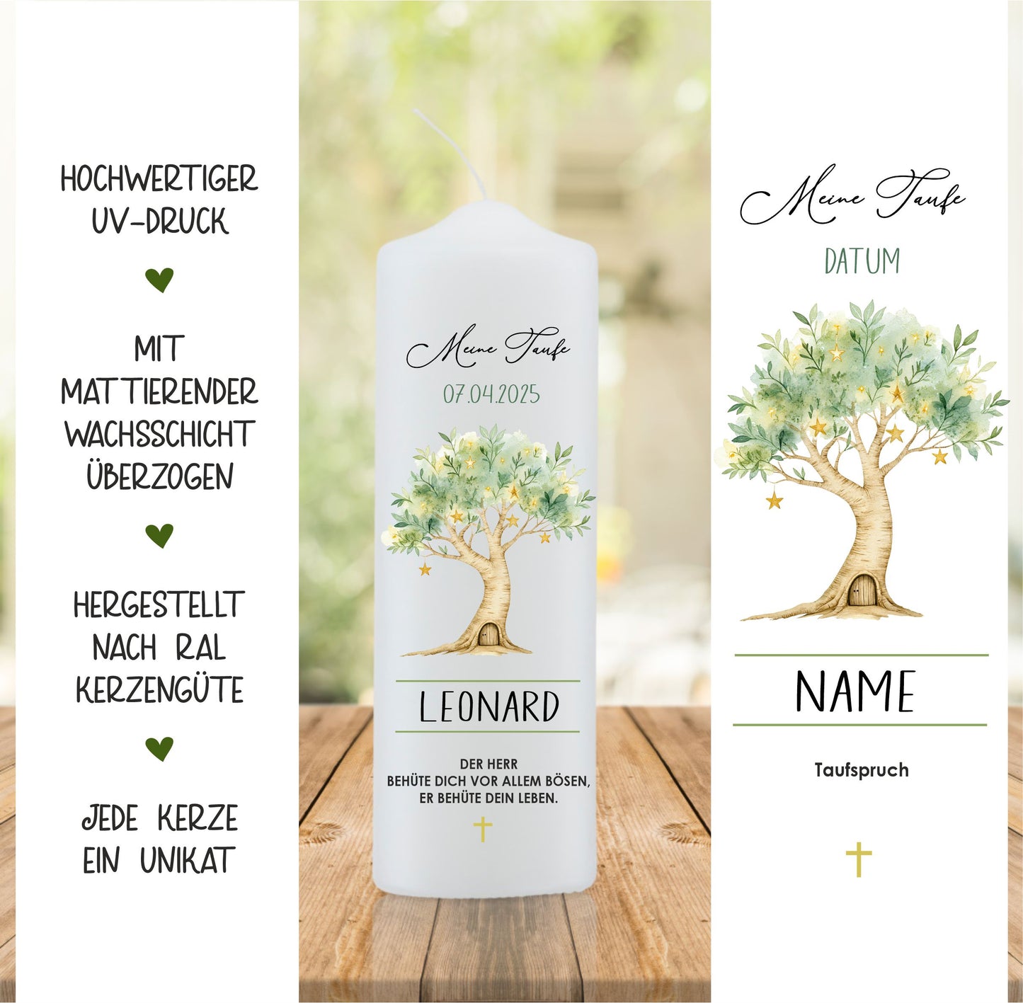 Taufkerze mit grünem Baum 