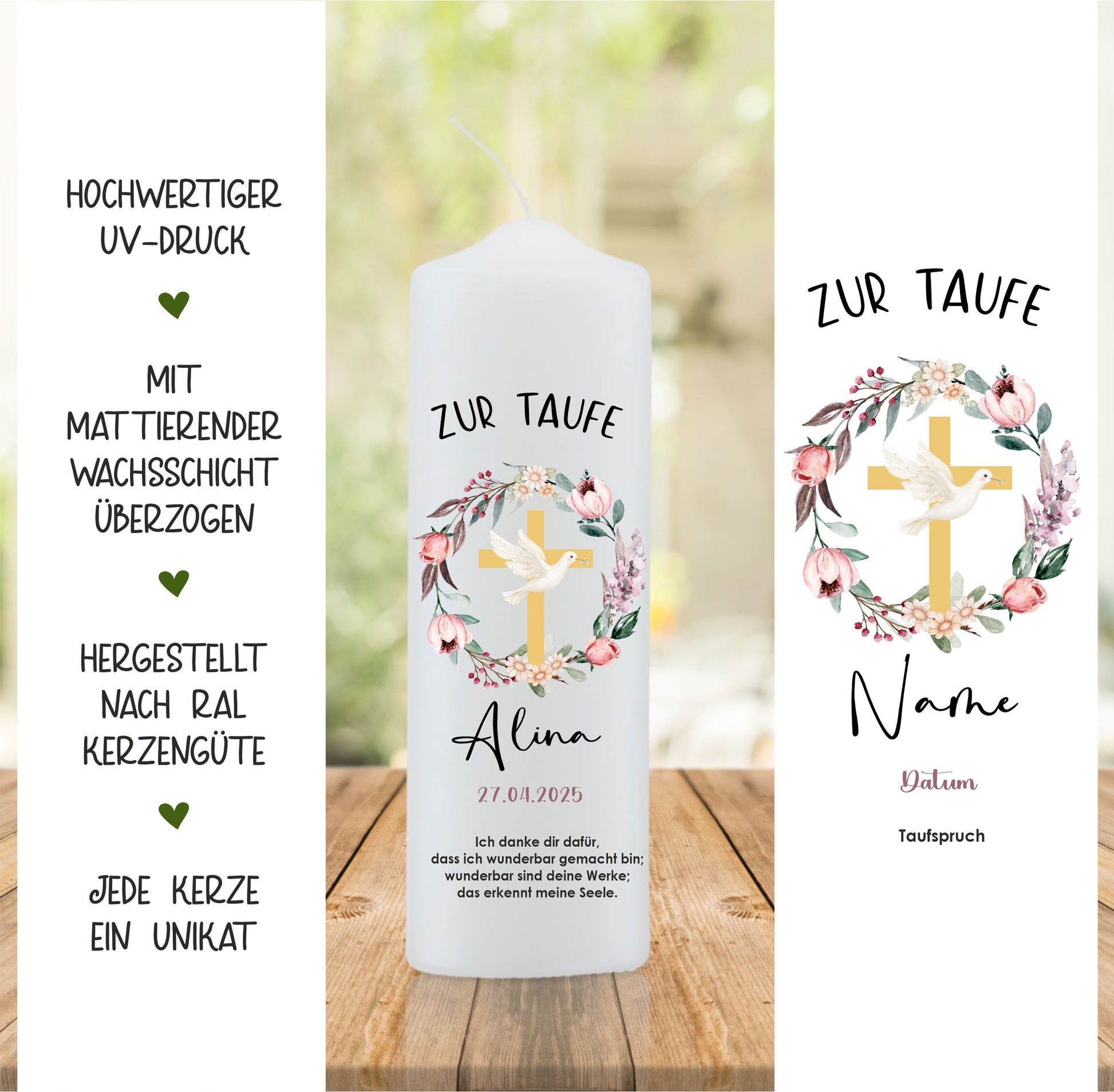 Taufkerze mit buntem Blumenkranz und Kreuz 
